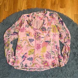 Banjanan Pink Bird Flower Print Boho Blouse Size S